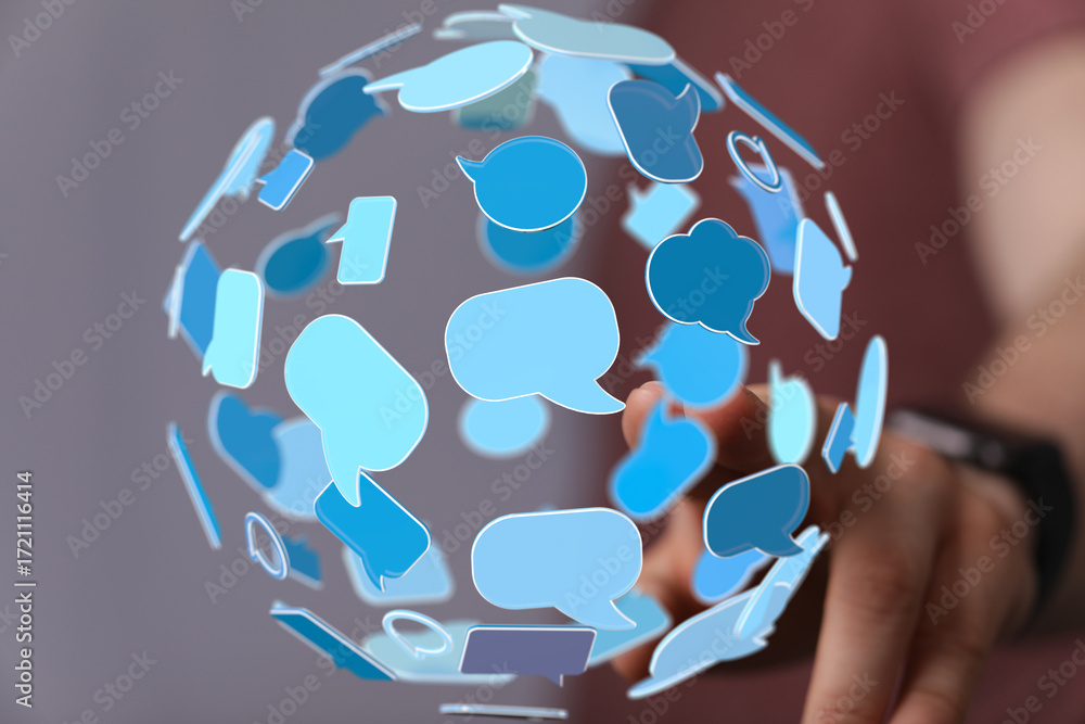 Poster abstract image of interconnected speech bubbles, symbolizing global communication and networking.