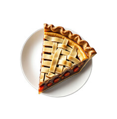 A slice of pie with a lattice top crust, showcasing a filling of red-orange fruit and a golden crust