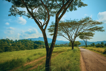 Fototapeta premium Village Road with Trees and Mountains