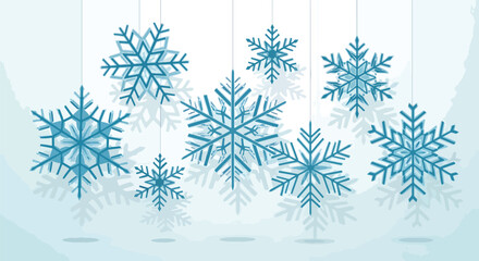 A clean and modern design featuring several large, intricate light blue snowflakes arranged neatly on a white background.