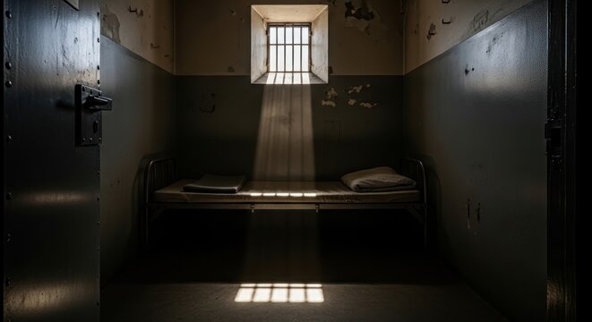 Eerie prison cell with barred window casting light rays on cot, reflecting despair and isolation