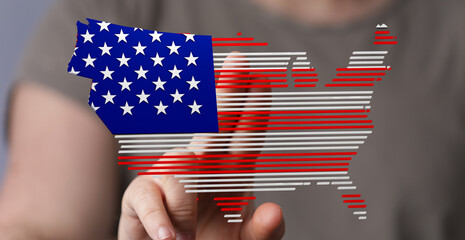 Abstract image of the USA map formed with stripes of the American flag. Patriotism concept.