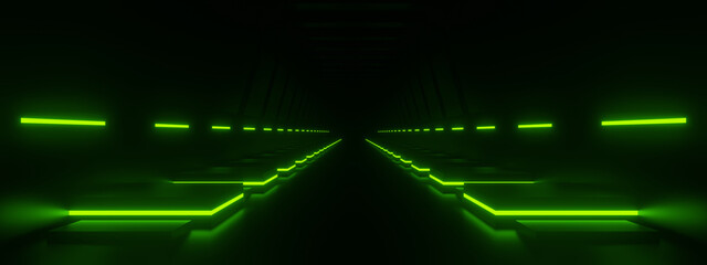 3D Green neon tunnel. Black background with green neon lights
