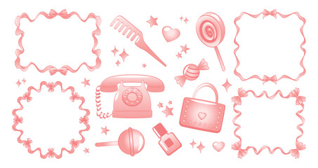 Coquette pink ribbon frames and girly accessories set isolated on white background. Vector cartoon illustration of vintage borders, retro telephone, cosmetics, sweets, romantic card design element