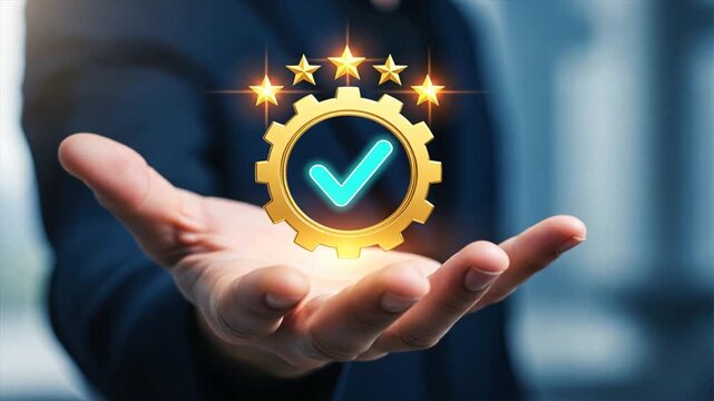 A businessman holding glowing golden gear with turquoise checkmark and shining stars symbolizing quality, policy documentation and compliance, terms and conditions, user agreement