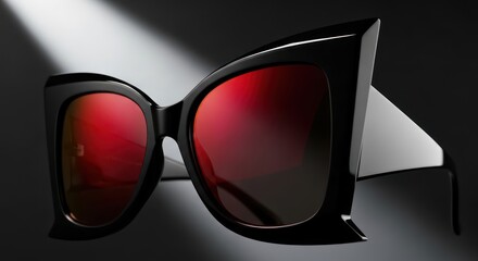 Dramatic angular black sunglasses with crimson lenses against a sleek dark backdrop