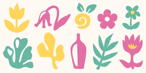 Abstract floral design elements set isolated on white background. Vector illustration of pastel color leaves and flowers cutout, botanical silhouettes for vintage poster, bohemian organic art shapes