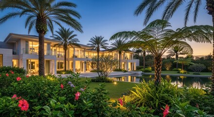 Fototapeta premium Architectural elegance: Modern villa with tropical landscaping at dusk showcasing refined living