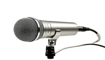 Silver microphone with a mesh grille, attached to a stand and cable