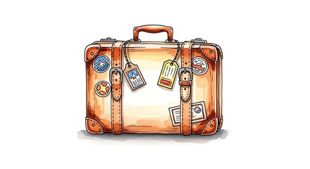 Hand-drawn illustration of a vintage suitcase, embellished with travel stickers and tags, displayed against a plain white background.