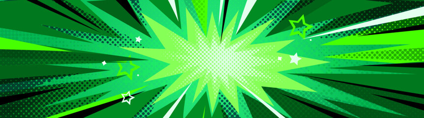 Green anime comic burst background with radial speed lines and halftone dots - dynamic explosion effect with stars for manga or superhero action scenes. Vibrant energy backdrop for pop art designs.