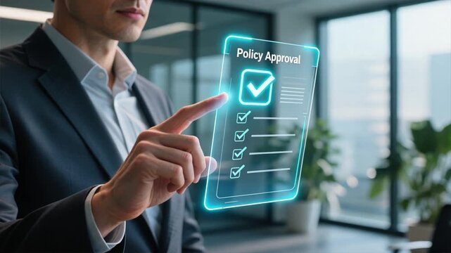 A businessman touching on a holographic checklist panel with policy approval icons, policy documentation and compliance, terms and conditions, user agreement