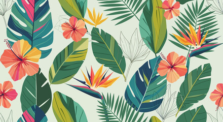 Fototapeta premium Vibrant tropical pattern of hibiscus flowers and palm leaves for a fresh, summery vibe, perfect for fashion textiles, interior design and unique backgrounds