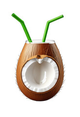 Coconut cocktail in a hollowed-out coconut shell, with two green straws