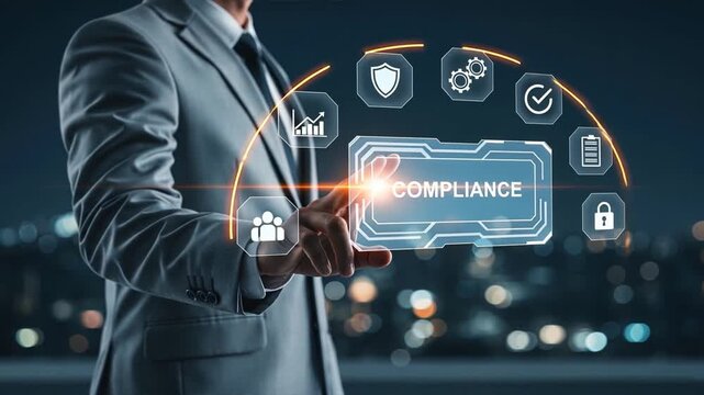 A businessman interacting with floating holographic compliance panel and icons, policy documentation and compliance, terms and conditions, user agreement