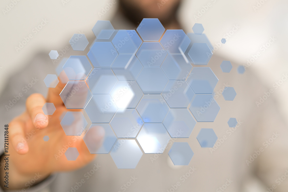 Poster abstract image of a hand interacting with a digital hexagon network. technology, innovation, connect