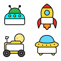 Cartoon space vehicle name tags set with rocket, UFO, rover, and spaceship. Cute and colorful design with blank area for text. Perfect for kids, school, party, sticker, label, clipart, and education