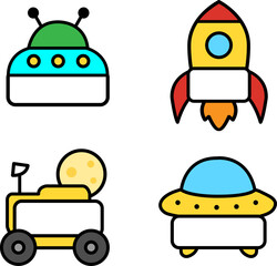 Cartoon space vehicle name tags set with rocket, UFO, rover, and spaceship. Cute and colorful design with blank area for text. Perfect for kids, school, party, sticker, label, clipart, and education