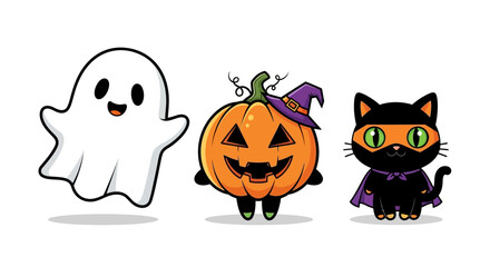 Halloween is here with a cute ghost, pumpkin, and cat dressed in costume, perfect for holiday cards, party invites, and fun seasonal designs