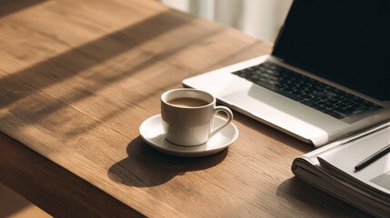 organized. Minimalist workspace featuring a closed device on a wooden table, exuding calm and productivity in warm tones. lifestyle magazines.