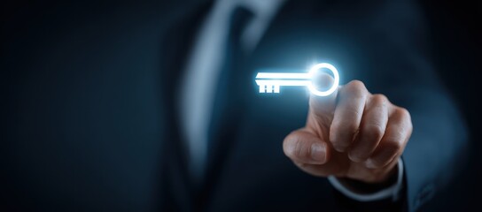 Businessman holding a key icon with copy space, a business concept