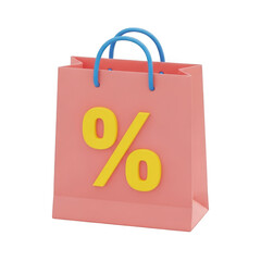 Pink paper shopping bag with large yellow percentage symbol for sales and discounts transparent background