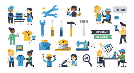 Join the vibrant repair cafe workshop fixing clothes and appliances together, a fun community event promoting sustainability and creative problem solving