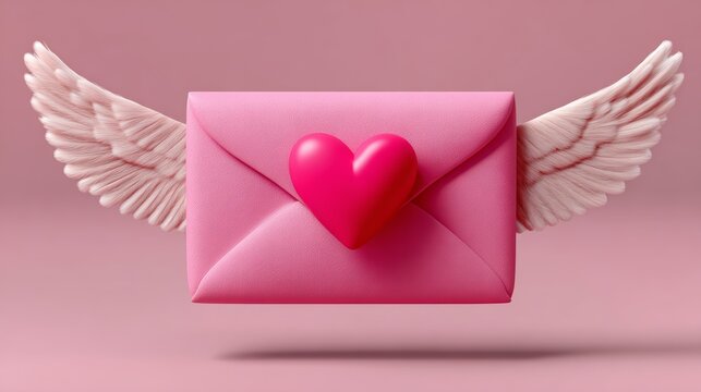 Pink envelope with a heart on it and wings flying over it