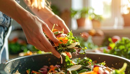 Woman Adding Fresh Vegetables to a Wok