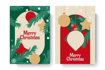 New Year and Christmas posters with Christmas tree branches, tree balls and snowflakes.
