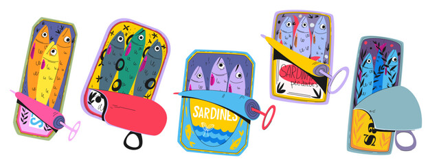 Sardine can retro set with colorful fish tins and pull tab packaging for vintage food illustration. Cartoon canned seafood designs. Pop art grocery items for nostalgic branding or menu graphics