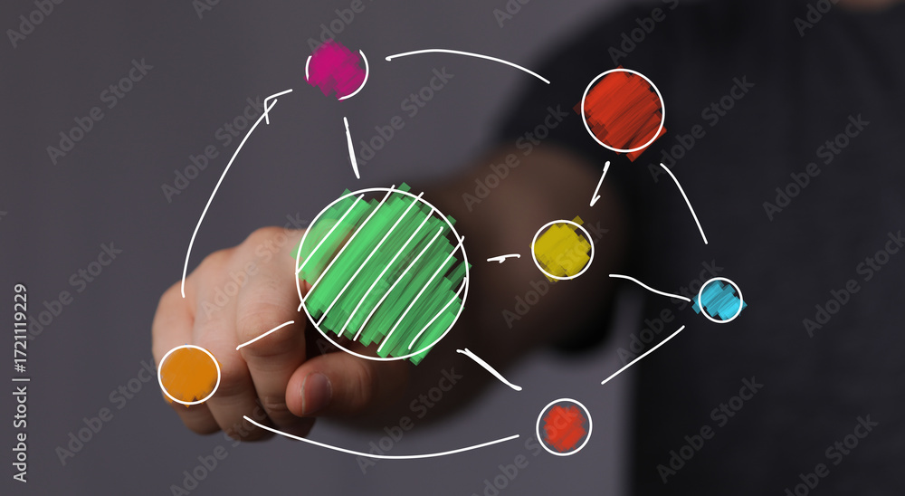 Poster abstract image of hand interacting with a colorful network diagram, ideal for business, technology, 