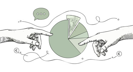 Two hands pointing towards a pie chart, representing financial data and communication.