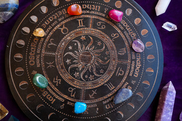 Healing crystals on brown background