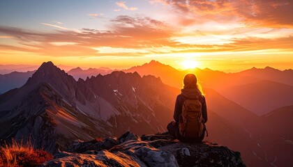 Woman Hiker at Sunset Mountain Peak