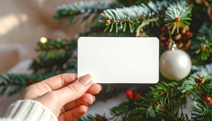 Woman Holding Blank Holiday Card Near Christmas Tree