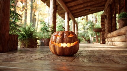 Spooky Pumpkin Lantern on Wooden Porch Surrounded by Greenery in Autumn Forest Setting