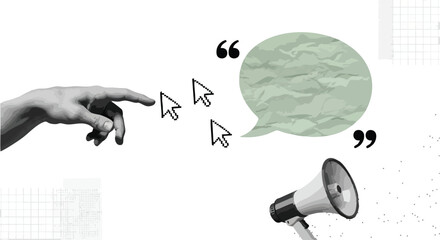 Inspiring hand reaches out to digital cursors leading to a speech bubble and megaphone, symbolizing communication and digital influence in modern marketing