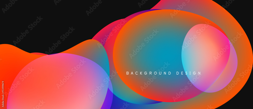 Poster abstract fluid shapes blend, creating vibrant color gradients. design features overlapping circles, 