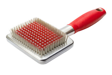Red handled slicker brush for pets isolated on a transparent background dog grooming brush
