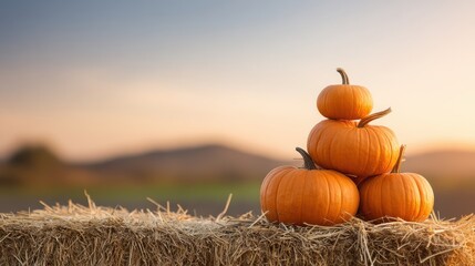 Charming Arrangement of Fresh Orange Pumpkins Stacked on a Hay Bale at Sunset in the Countryside