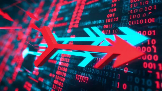 Red Digital Arrow Moving Down in Matrix Data Background Representing Stock Market Decline