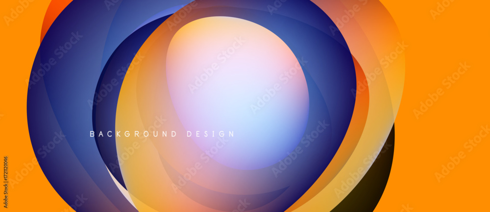 Poster abstract circular layers, vibrant colors blend. orange, blue, purple hues create dynamic visual effe