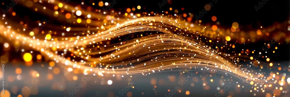 Poster beautiful golden light trails with wavy patterns and shimmering effects on a dark background