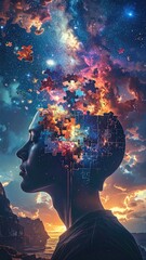 Woman Silhouette with Cosmic Nebula Erupting from Head