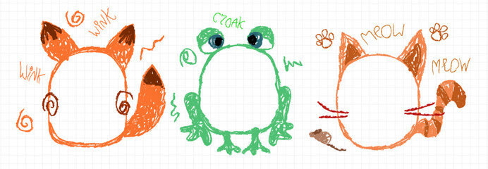 Child drawn frame borders with crayon markings of orange fox, green frog and cat with kid handwriting on notebook paper. Playful animal sketches with whiskers, paws and sounds for children art.