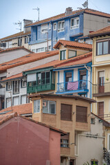 Layered Colorful Houses In Traditional Basque Coastal Village Spain. Multi Level Architecture, Painted Facades, Cantabrian Coast, Residential Buildings