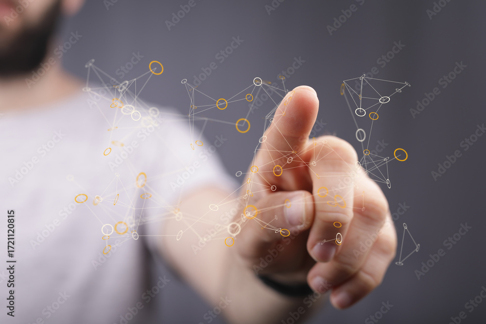 Poster abstract image of a hand interacting with a digital network, showcasing connection and innovation.