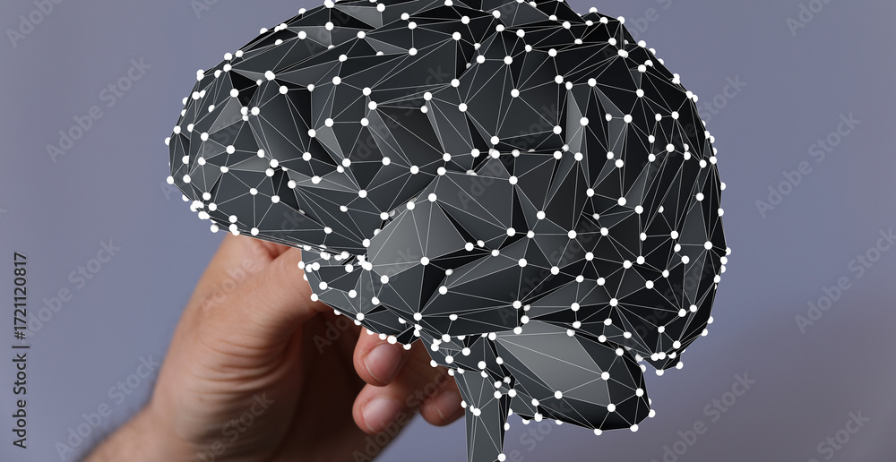 Aufkleber abstract image of a human hand interacting with a digital brain model. represents ai, neural network