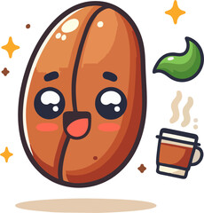 Happy Smiling Coffee Bean Mascot with Fresh Green Leaf and Steaming Coffee Cup – Cute Kawaii Coffee Character Illustration for Branding and Packaging